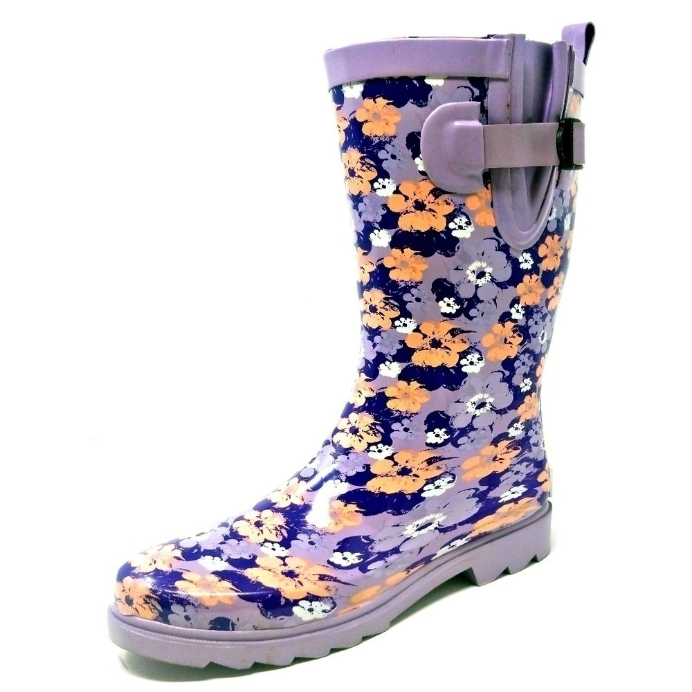 Women Rain Boots, 11" Mid-Calf Purple Flower Rubber